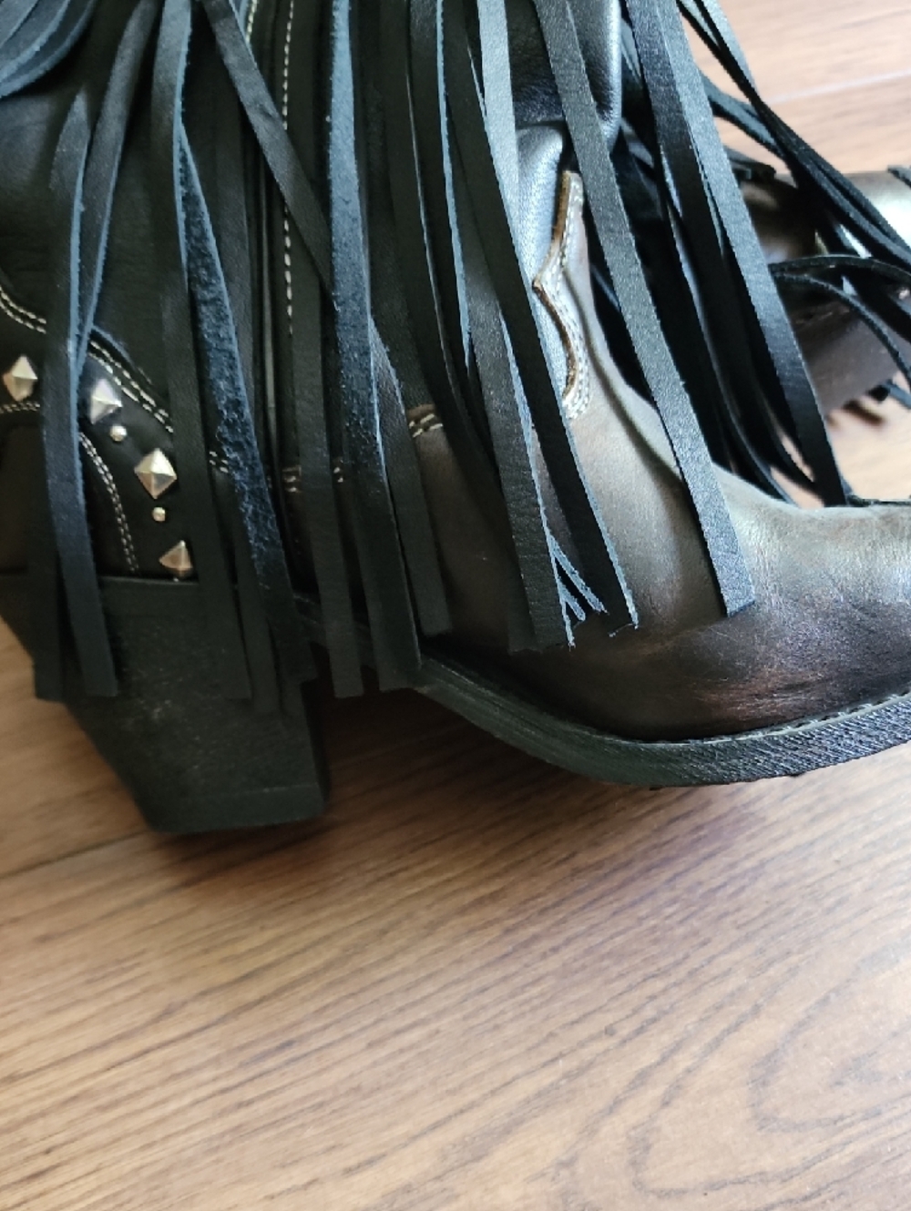 Fringe Studded Western Ankle Boots - Black/Brown with Silver Accents - Picture 12 of 13